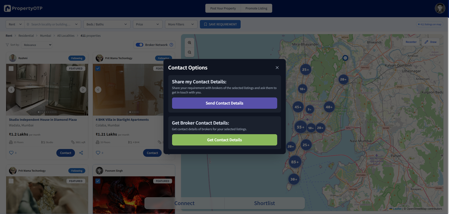 PropertyOTP contact options popup for broker collaboration.
