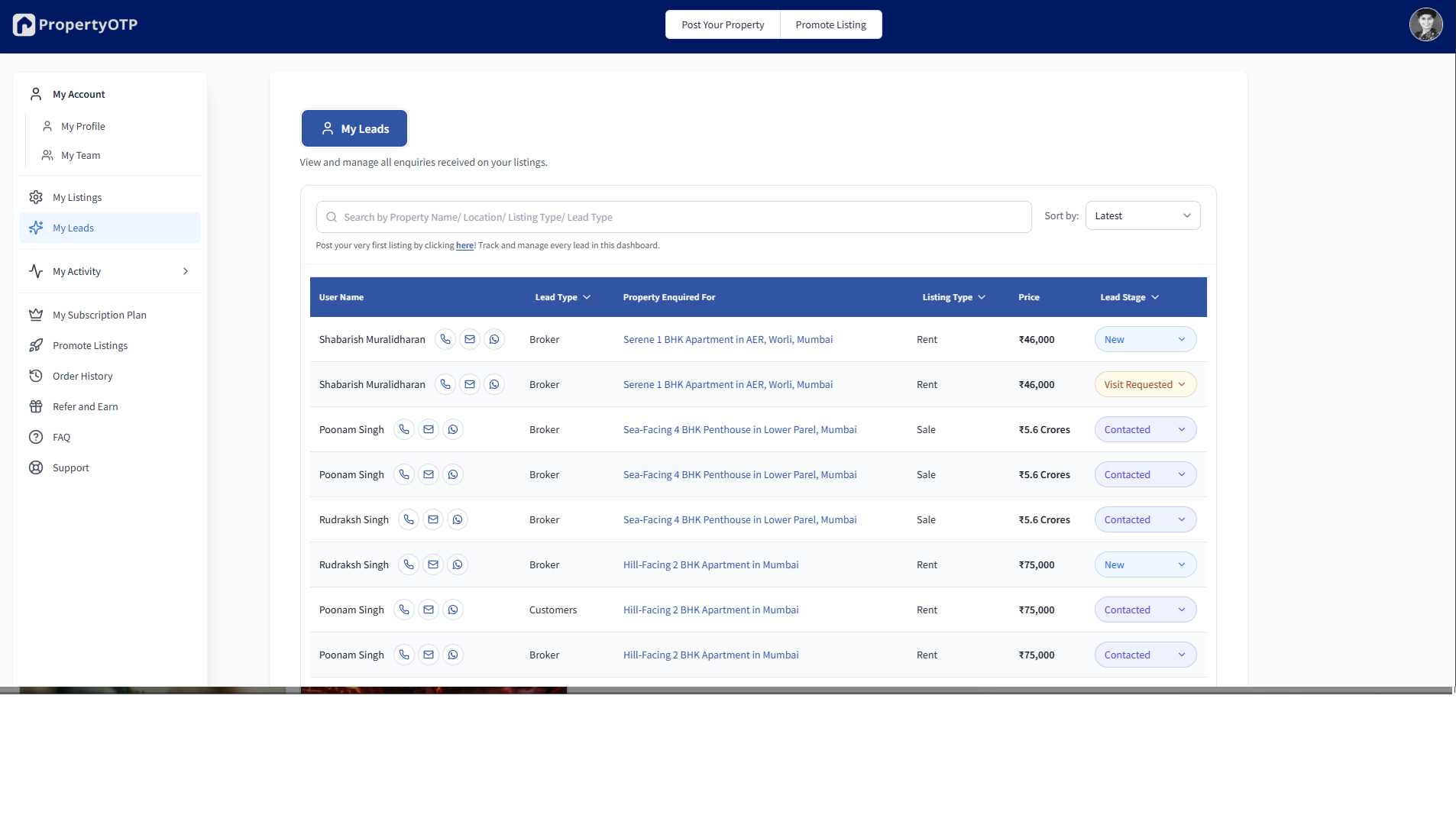 Screenshot of PropertyOTP leads management dashboard.
