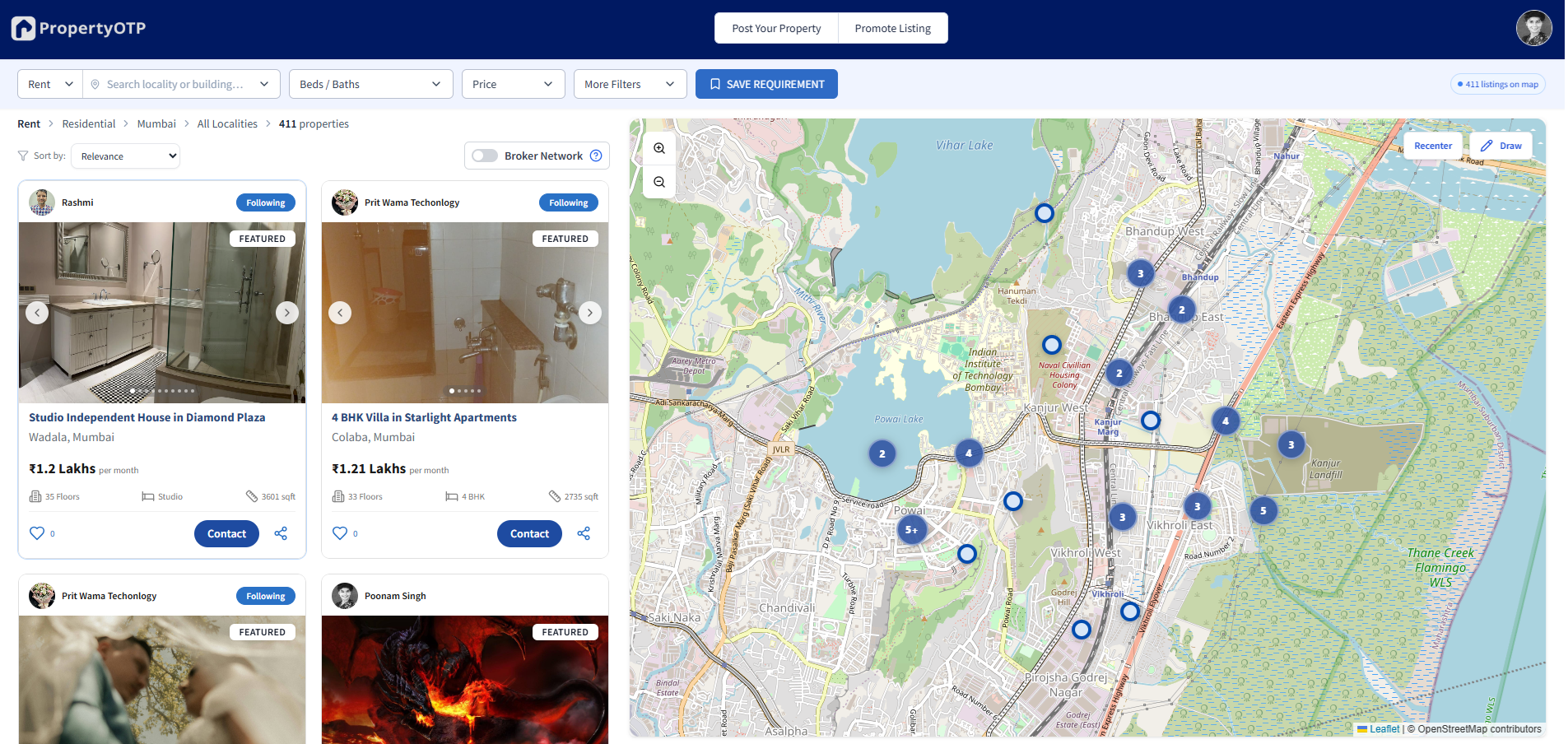 Screenshot of PropertyOTP Marketplace Discovery showcasing search results and map.