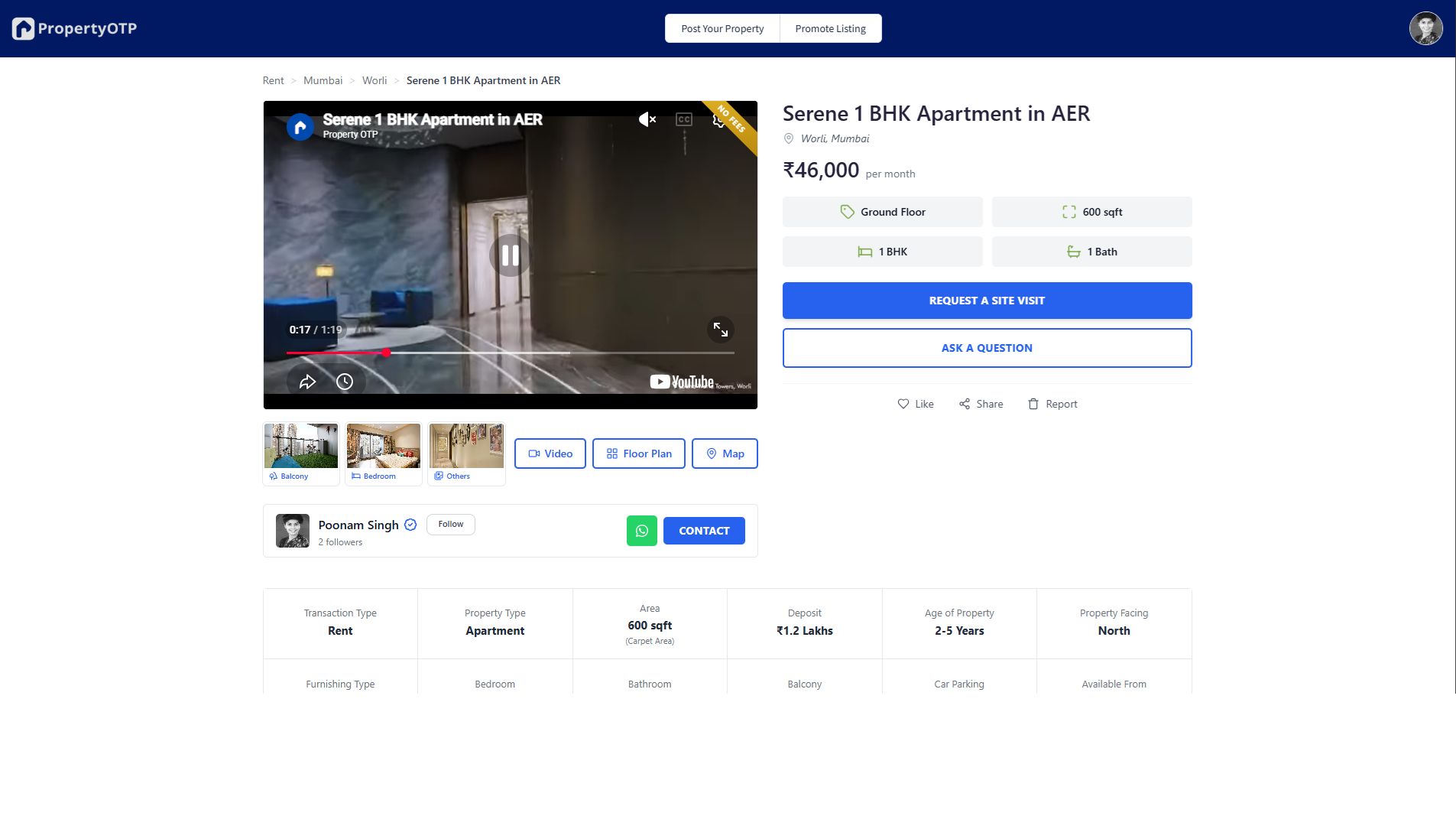 Screenshot of a PropertyOTP rich listing page with property details, images, and video.